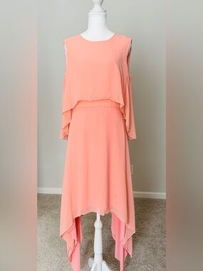 BCBGMaxAzria Peach High-Low Tiered Silk Chiffon Dress
